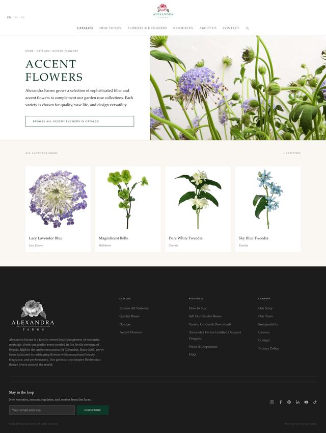 Alexandra Farms Accent flowers page, current site
