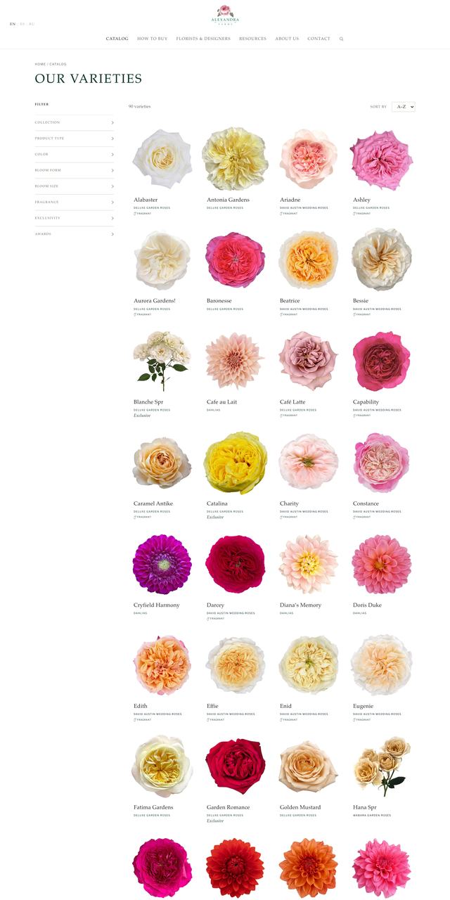 Alexandra Farms Variety catalog page, current site