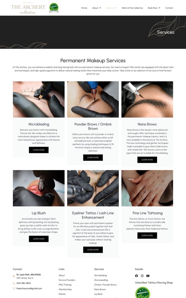 The Archery Collective Services page, previous site